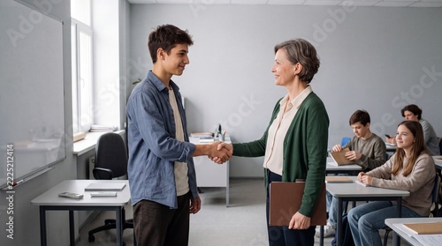 Teacher congratulating a teenage student with a handshake in a classroom