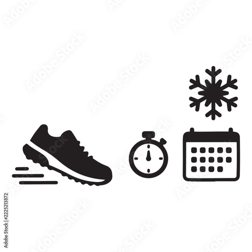 Winter Running Shoe Stopwatch Calendar Snowflake Fitness Vector Icon Set Collection. 
