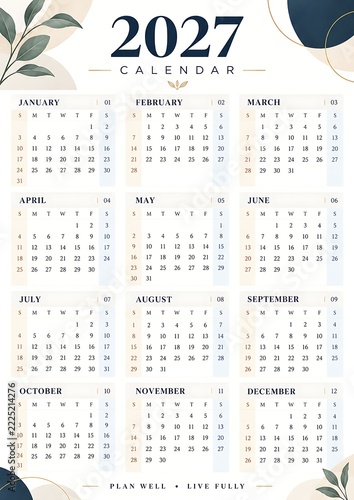 2027 minimalist botanical calendar with leaves and geometric accents