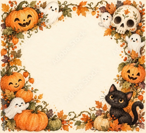 Watercolor Halloween frame with cute pumpkins ghosts skull and black cat