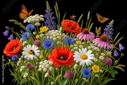 Colorful Meadow Flowers With Butterflies and Bees on Transparent Background