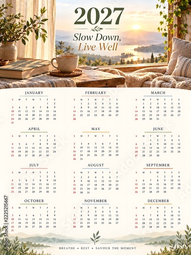 2027 slow living calendar with cozy window and cup