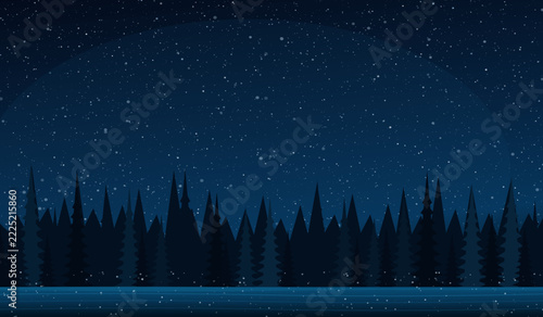 snowy night sky over dark pine forest with falling snow and blue winter landscape, winter holiday website banners, seasonal advertising, Christmas greeting cards, presentation backgrounds, nature