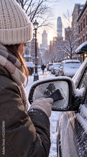Woman scraping ice from a frosty car side mirror on a snowy winter street