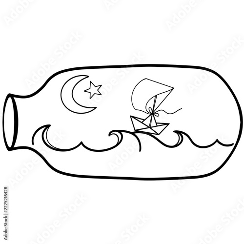 Dreamcore ocean in a bottle with paper boat moon and star line art