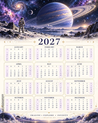 2027 space calendar with astronaut and ringed planet
