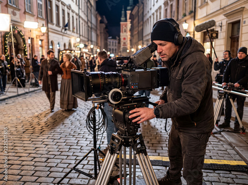 Ein kameramann mit seiner Kamera am Set