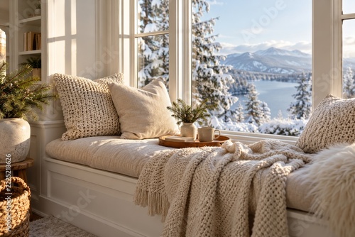 Sunlit window seat with cream knit cushions overlooking a snowy view