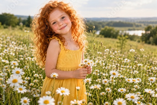 Smiling redhaired girl in a yellow dress surrounded by white chamomile flowers