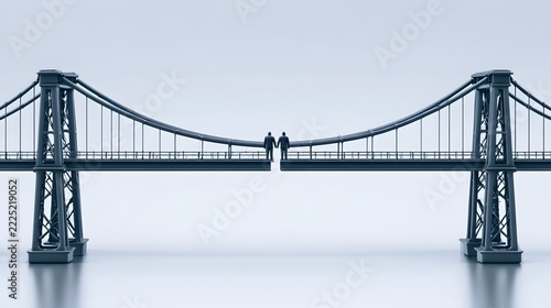 Two figures stand at the edge of a broken bridge  symbolizing connection or division between two sides