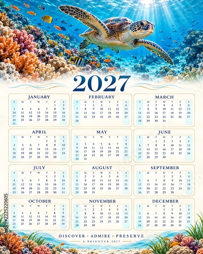 2027 underwater calendar with sea turtle and coral reef