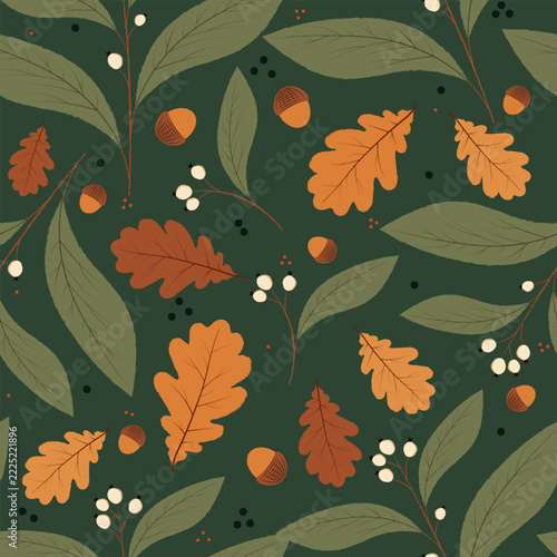 Autumn Seamless Pattern with Falling Leaves and Botanical Elements