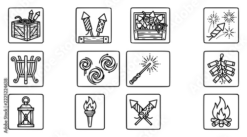 Fireworks Celebration Icons Set, Isolated on White Background