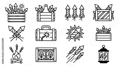 Firework Icons Set: Celebration, Explosions, Party, Festive, Vector Graphics