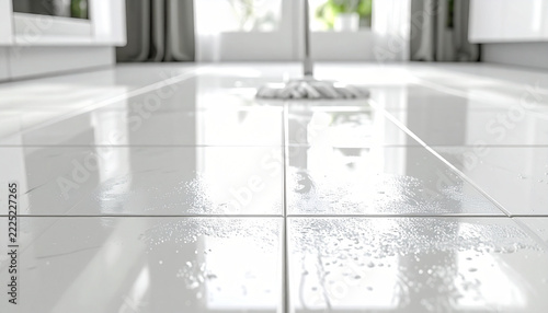 Mopping a Bright Tiled Floor: A close-up view captures a mophead cleaning a gleaming white tiled floor, reflecting the natural light from a large window.