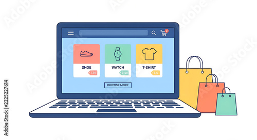 Flat Vector Illustration of Online Shopping Storefront on Laptop with Shopping Bags