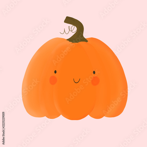 Cute Halloween Vector Illustration of Happy Pumpkin. Smiling pumpkin character with blushing cheeks and a stem with a vine, isolated on a solid light pink background. All elements on separate layers.