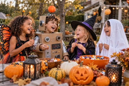 Laughing children in homemade costumes sharing sweets at a Halloween party