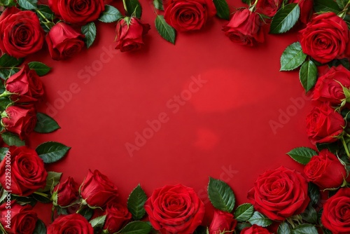 Fresh Red Roses Forming a Floral Border on a Red Background with Copy Space