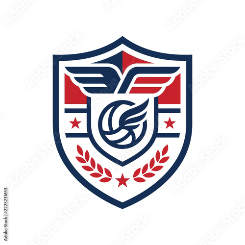 Athletic volleyball shield emblem with wings and stars.