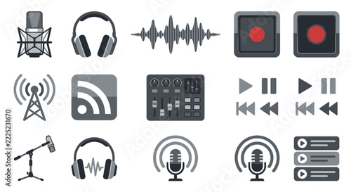 Audio recording and podcasting vector symbol set.