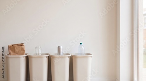 Household Waste Sorting Concept Featuring Four Recycling Bins for Paper, Glass, Metal, and Plastic with Blank Wall Copy Space