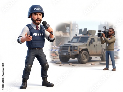 3D Field Journalist Mascot Reporting Live in Risk Zone