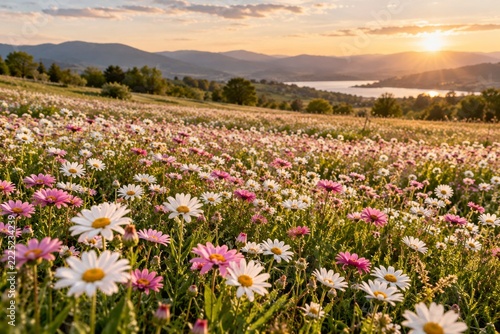 White and Pink Daisies Covering a Spring Meadow in Golden Evening Light