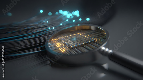 macro photograph of dense blue and cyan fiber optic cables transmitting data toward a magnifying glass highlighting a glowing semiconductor microchip pattern in blue and golden brown, intricate 
