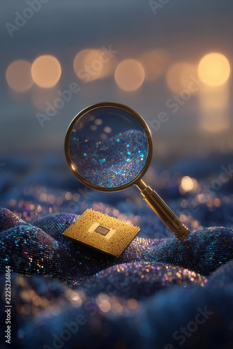 digital render of a microchip synchronization process. A magnifying lens is positioned above a high-tech semiconductor among hundreds of sparkling blue data cables and golden light trails. Warm 