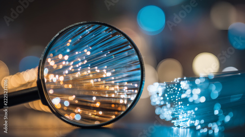 macro composition focusing on textured fiber optic cable ends glowing in blue and cyan, central magnifying glass reveals detailed semiconductor circuitry in blue and golden brown tones, warm 