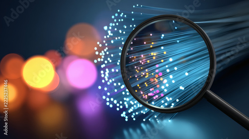 detail cinematic macro image of fiber optic cable cluster glowing intensely, cables guide eye toward magnifying glass revealing detailed semiconductor circuitry, colorful microchip pattern glows 