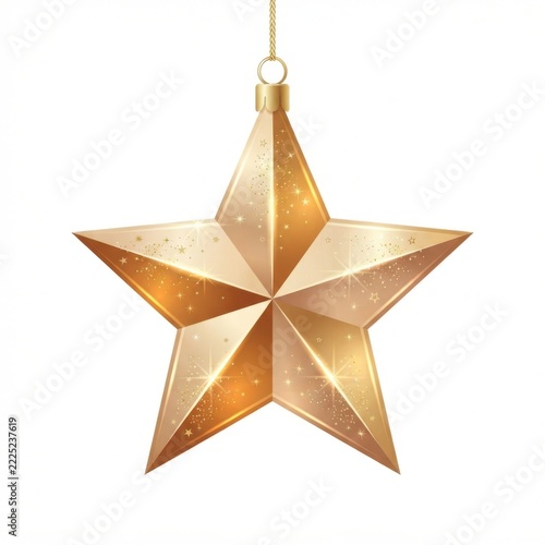 Glowing golden christmas star ornament with sparkling glitter texture for festive holiday decorations or winter seasonal themes.