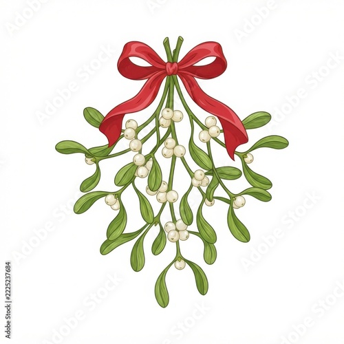 Mistletoe bunch tied with elegant red ribbon bow featuring green leaves and white berries for traditional christmas decorations.