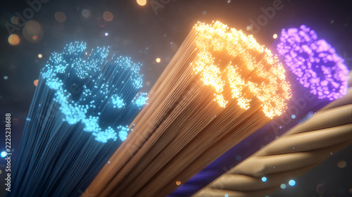 photorealistic minimalist composition of fiber optic cables glowing in cyan and blue, forming a semiconductor chip magnified by a lens. The chip glows golden brown and blue, with sunlight flares 