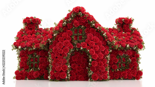 House sculpted entirely from vibrant red roses and green leaves creates a unique botanical architectural masterpiece.