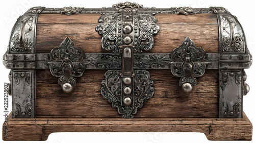 Treasure chest fashioned from weathered wood and decorated intricately with ornate metal hardware and clasps.