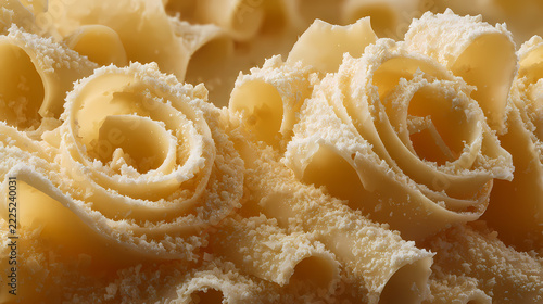 Cheese curls crafted delicately to resemble blooming flowers dusting with fine grated parmesan cheese.