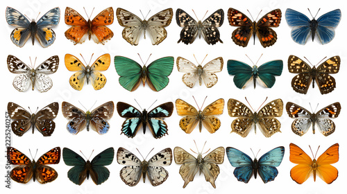Butterflies exhibit a wide variety of vibrant wing colors and intricate patterns in this organized collection.