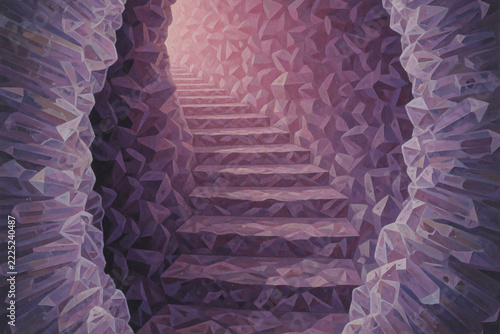 The Ancient Staircase Hidden Within a Vast Illuminated Violet Crystal Geode