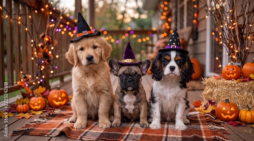 Three cute puppies wearing Halloween witch hats with pumpkins decoration