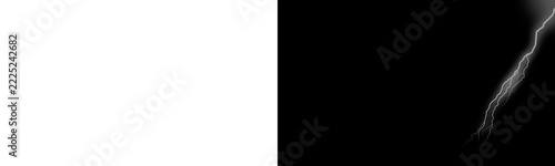 Jagged lightning bolt striking with bright white energy on black and transparent background for design.