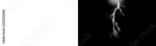 Jagged lightning bolt striking with bright white energy on black and transparent background for design.