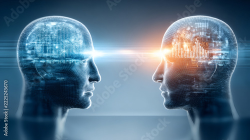 photorealistic minimalist composition of two silver-metal digital faces positioned face-to-face on a polished dark floor. Blue and golden-orange light trails stream into their foreheads, projecting 