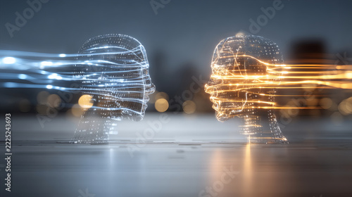 photorealistic minimalist composition of two silver-metal digital faces positioned face-to-face on a polished dark floor. Blue and golden-orange light trails stream into their foreheads, projecting 