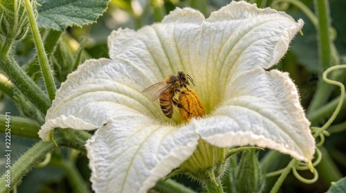 Honey bee pollinating white bottle gourd flower in garden closeup