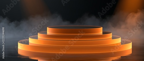 Glowing orange circular tiered display podium illuminated by soft stage lights