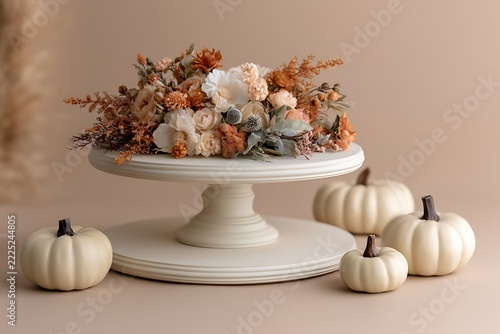 Elegant white cake stand decorated with beautiful autumn floral arrangement