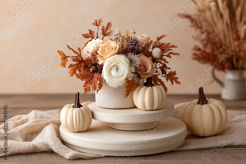 Beautiful autumn floral arrangement featuring white pumpkins and dried leaves