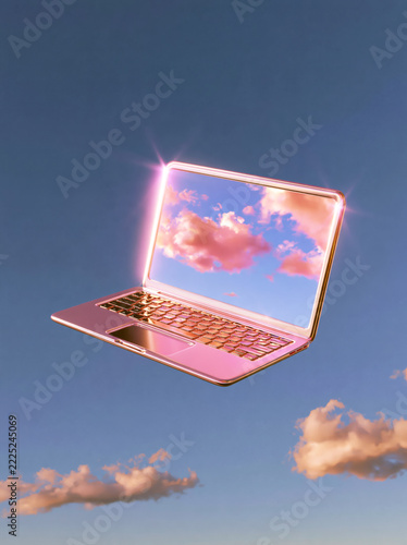 Floating Laptop Displaying Sky with Clouds